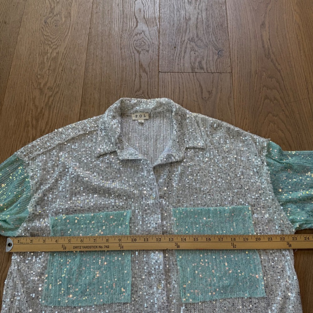 Pol Sequin Button Down Shirt Silver Mint Green Co… - image 6